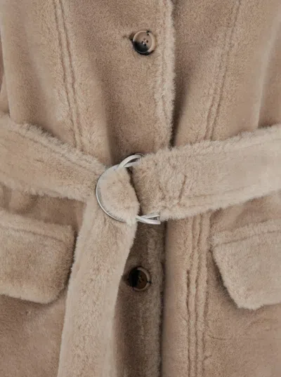 Urbancode Beige Shearling Coat With Classic Collar And Waist Belt In Faux Fur Woman In Brown