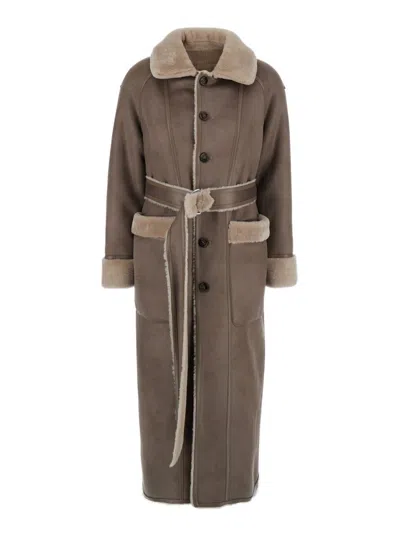Urbancode Beige Shearling Coat With Classic Collar And Waist Belt In Faux Fur Woman In Brown