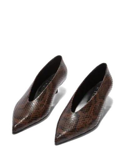 Aeyde Pointed-toe Sandals In Brown Snake Print Calf Leather In Brown