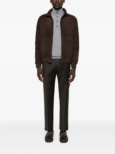 Corneliani Zip-front Suede Leather Jacket In Brown