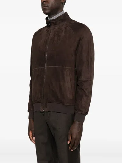 Corneliani Zip-front Suede Leather Jacket In Brown