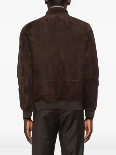 Corneliani Zip-front Suede Leather Jacket In Brown