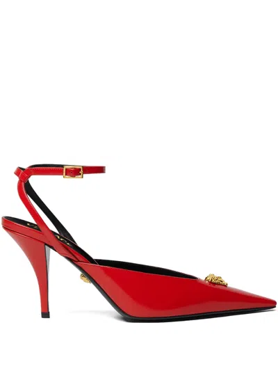 Versace La Medusa Leather Slingback Pumps 85 Mm In Red