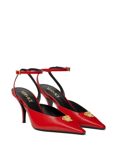Versace La Medusa Leather Slingback Pumps 85 Mm In Red
