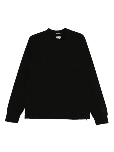 C.p. Company Minimalist Black Long-sleeve Crewneck Sweatshirt With Zippered Pocket In Black