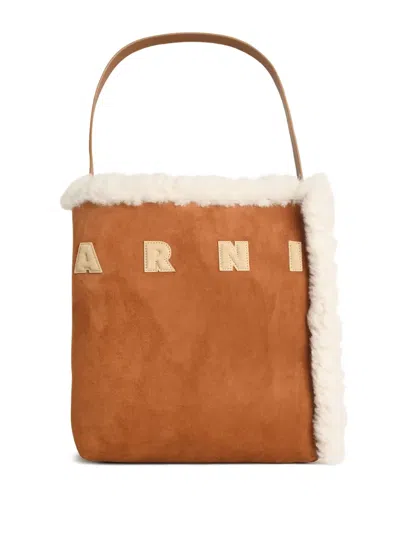 Marni Suede Bag With Shearling Trim And Single Handle In Brown