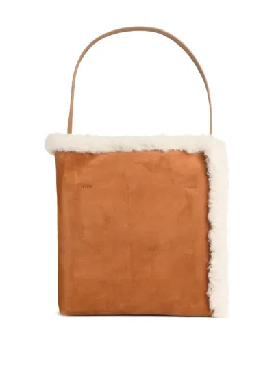 Marni Suede Bag With Shearling Trim And Single Handle In Brown