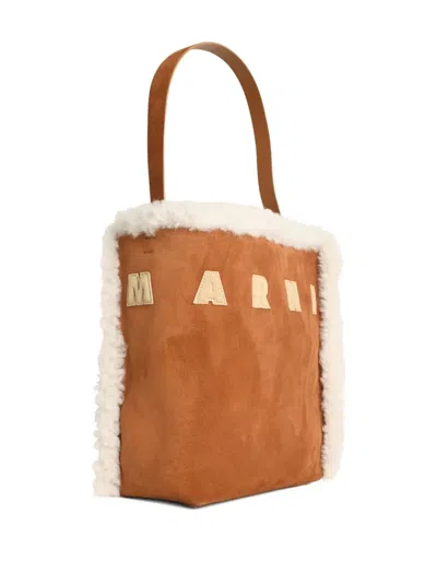 Marni Suede Bag With Shearling Trim And Single Handle In Brown