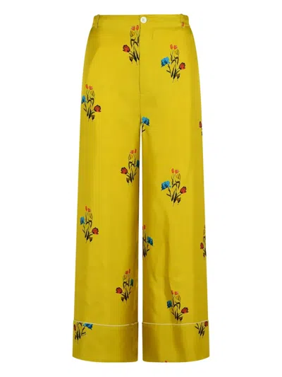 Marni Floral Print Wide Leg Silk Pants In Yellow