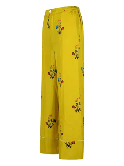 Marni Floral Print Wide Leg Silk Pants In Yellow
