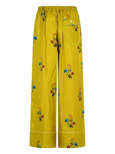Marni Floral Print Wide Leg Silk Pants In Yellow