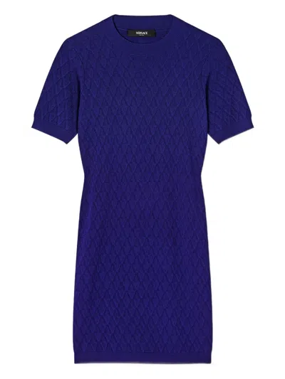 Versace V Allover Jacquard Knit Midi Dress In Blue