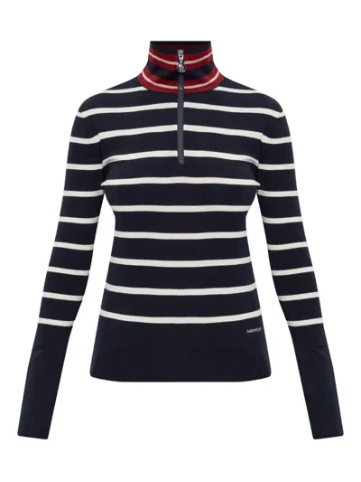 Moncler Stripe Virgin Wool Quarter Zip Pullover In Black