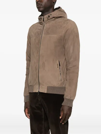 Moorer Suede Hooded Bomber Jacket In Brown