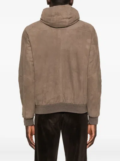 Moorer Suede Hooded Bomber Jacket In Brown