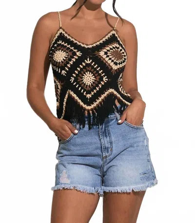 Elan Island Crochet Tank With Fringe Bottom In Black In Black