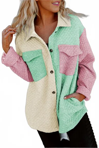 Pretty Bash Colorblock Button Front Quilted Shacket In Green In Multi
