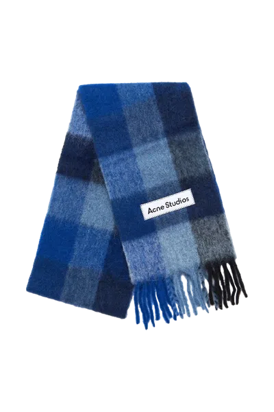Acne Studios Check-pattern Fringed Scarf In Blue