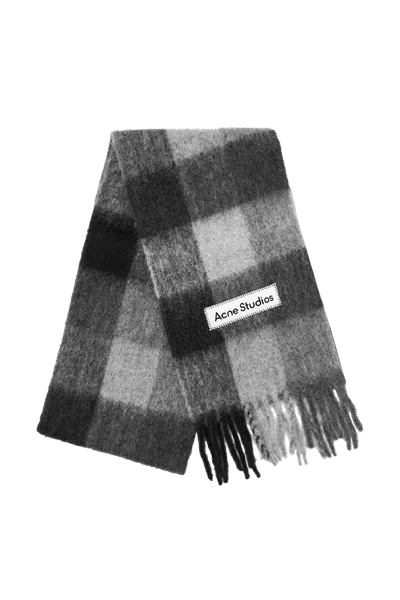 Acne Studios Checked Mohair Blend Scarf With Fringed Edges In Black
