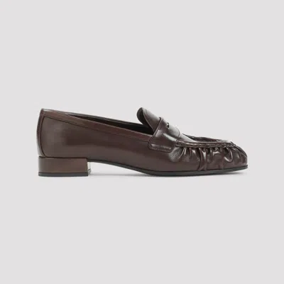 Prada Brown Ruched Loafers With Logo In Brown