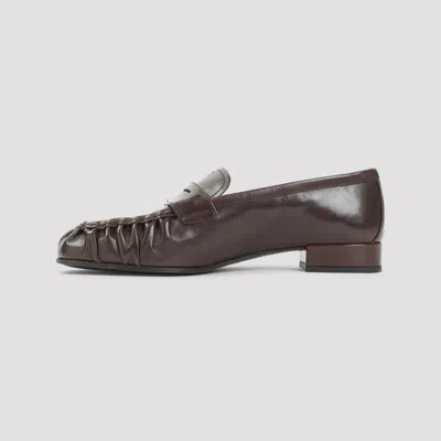 Prada Brown Ruched Loafers With Logo In Brown