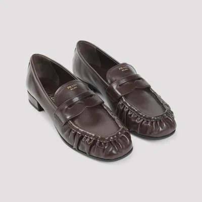 Prada Brown Ruched Loafers With Logo In Brown