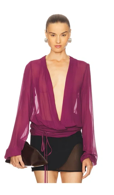 Attico Draped Front V-neck Ruched Blouse In Purple