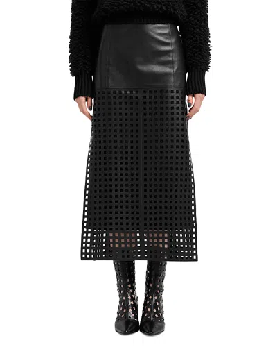 Emporio Armani Leather Grid Pattern High-waisted Midi Skirt In Black