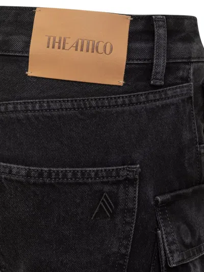 Attico Dark Wash Cargo Jeans With Logoed Buttons 15cm In Black