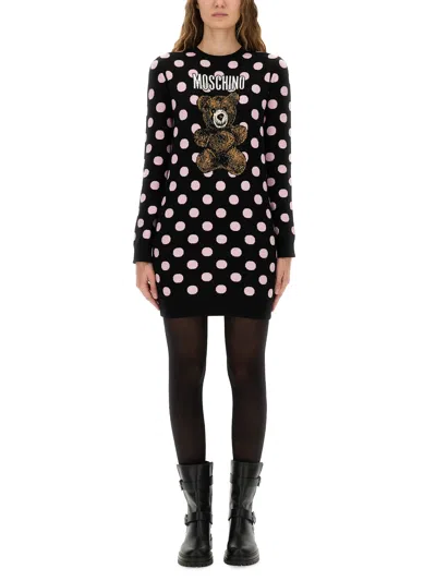 Moschino Long Sleeve Polka Dot Graphic Dress In Black