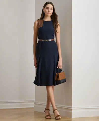 Ralph Lauren Women's Faux-leather-trim Georgette Dress In Blue