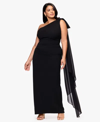 Xscape Plus-size One-shoulder Sash Gown In Black