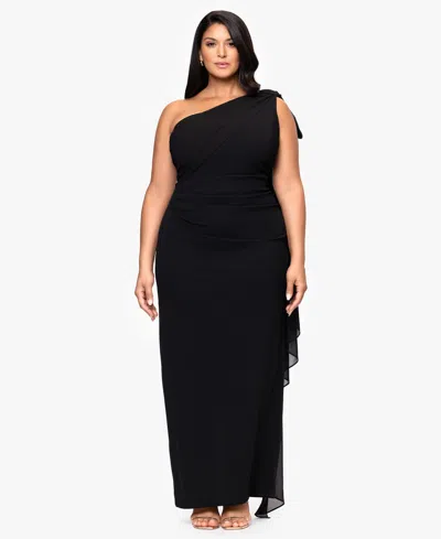 Xscape Plus-size One-shoulder Sash Gown In Black