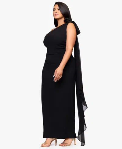 Xscape Plus-size One-shoulder Sash Gown In Black