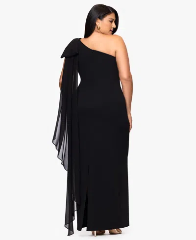 Xscape Plus-size One-shoulder Sash Gown In Black