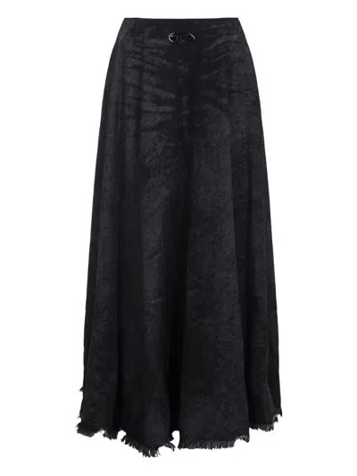 Diesel Full Skirt In Lasered Cotton-hemp Denim In Black