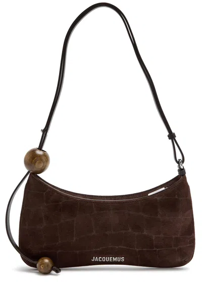 Jacquemus Crocodile-effect Suede Handbag With Adjustable Leather Strap In Brown