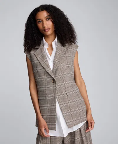 Kenneth Cole Women's Longline Glen Plaid One-button Vest In Gray