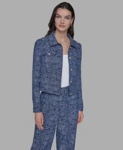 Karl Lagerfeld Womens Printed Denim Button Front Jacket P Xs Xl In Blue