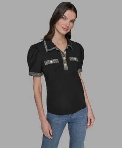 Karl Lagerfeld Womens Short Sleeve Tweed Trim Knit Top P Xs Xl In Black