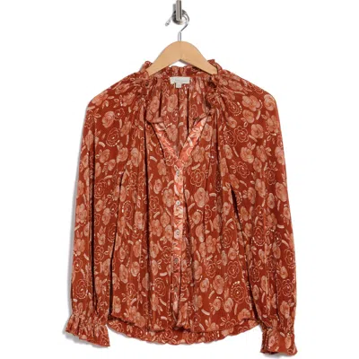 Chenault Long Sleeve Ruffle Neck Print Bodre Top In Brown