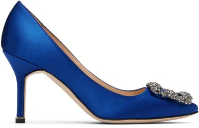 Manolo Blahnik Satin Hangisi 105 Pumps With Jewel Embellishment In Blue