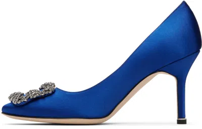 Manolo Blahnik Satin Hangisi 105 Pumps With Jewel Embellishment In Blue