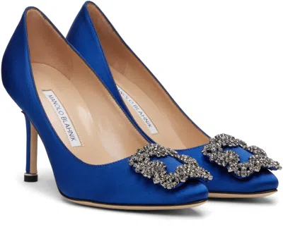 Manolo Blahnik Satin Hangisi 105 Pumps With Jewel Embellishment In Blue