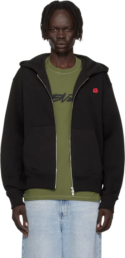 Kenzo Black  Paris 'boke Flower' Embroidered Zipped Hoodie In Black