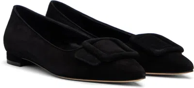 Manolo Blahnik Maysale Suede Buckle Ballerina Flats In Black