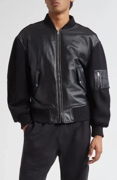 Givenchy Lambskin Leather Front Wool Bomber Jacket In Black