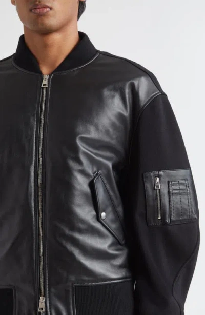Givenchy Lambskin Leather Front Wool Bomber Jacket In Black