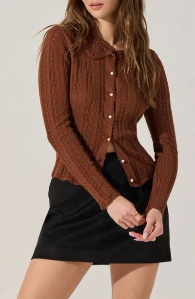 Astr Ottilie Pointelle Crochet Collar Cardigan In Brown In Brown