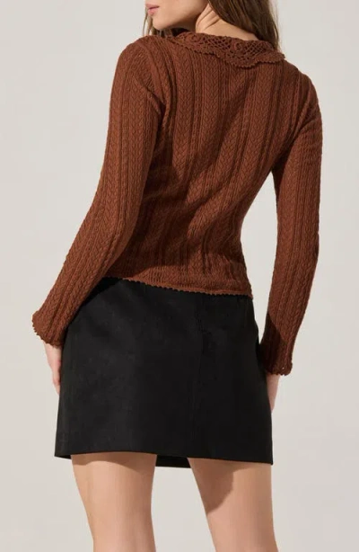 Astr Ottilie Pointelle Crochet Collar Cardigan In Brown In Brown